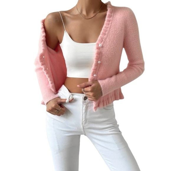 Ruffle eyelash sweater cardigan pink soft fuzzy stretch pearl S 4 XS top t shirt - Picture 3 of 3